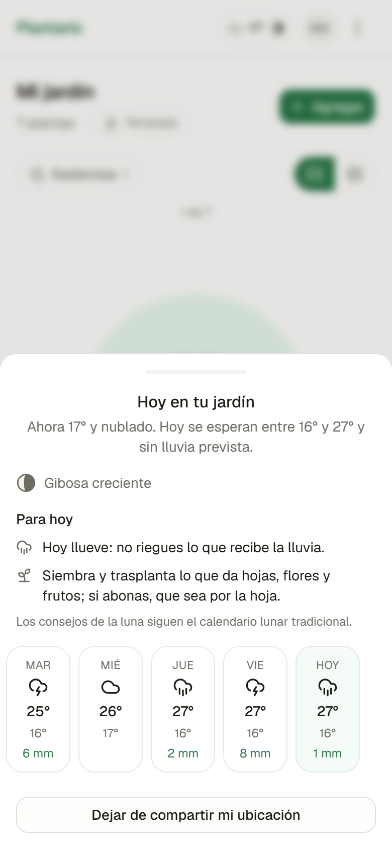 El resumen del día: temperatura actual, máxima y mínima, fase lunar, consejos para hoy y los últimos siete días.